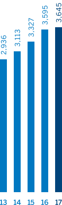 Vertical bar chart displaying total revenue in millions of dollars. 2013: 2,915, 2014: 2,936, 2015: 3,113, 2016: 3,327, 2017: 3,595